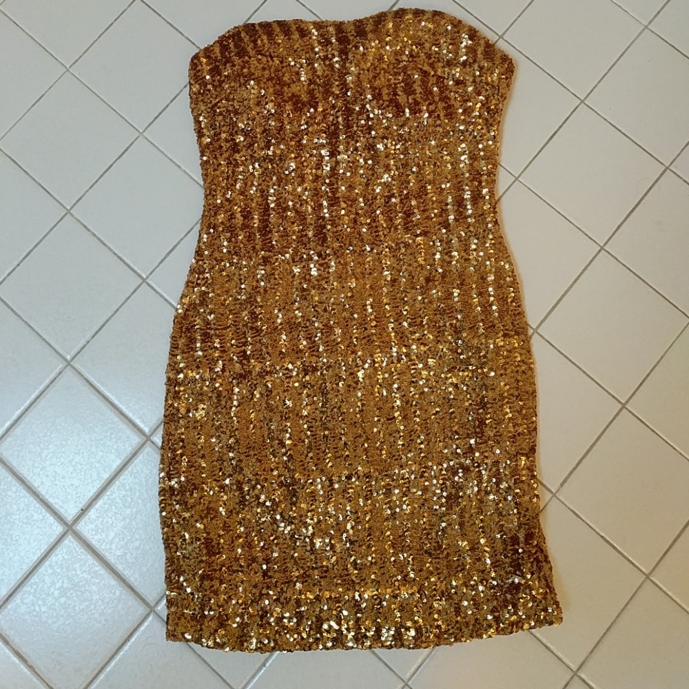 Gold sequin strapless party dress